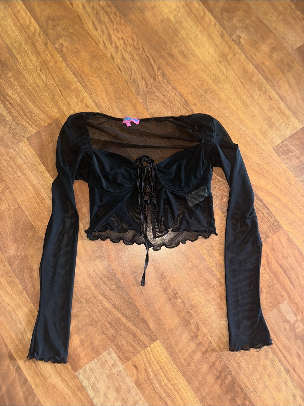Edikted Black Mesh Tie-Front Long-Sleeve Crop Top